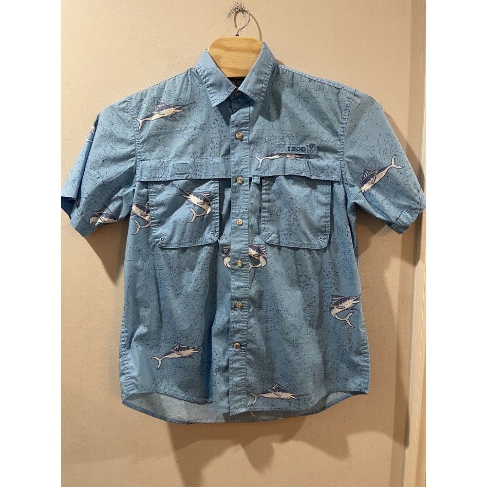 Izod Surfcaster Blue Print Short Sleeve Button‎ Up Shirt. Medium